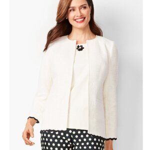 TALBOTS RSVP Scallop Trim Tweed Open Front Jacket Blazer in Ivory Size 14